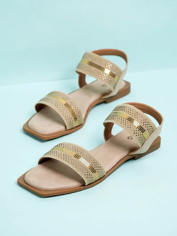 Women Beige & Gold-Toned Open One Toe Flats With Backstrap