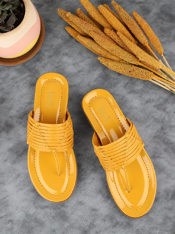 Women Mustard Textured T-Strap Open Toe Flats