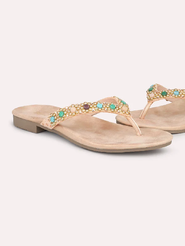 Women Rose Gold Ethnic Embellished Open Toe Flats