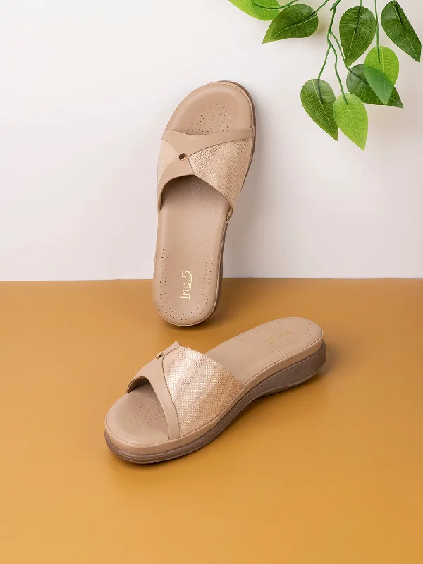 Womens Beige Solid Round Toe Casual Slip-On Flats