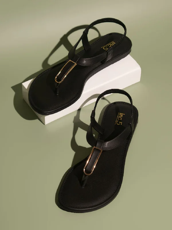 Women Black T-Strap Flats with Buckles