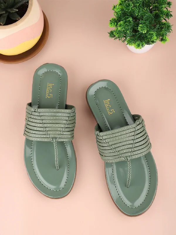 Women Green Textured T-Strap Open Toe Flats