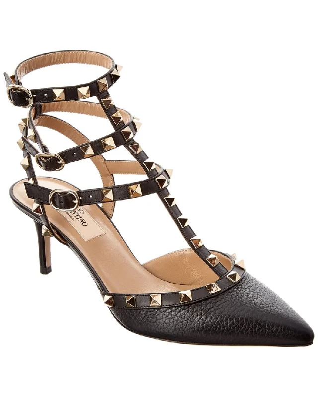 Valentino Rockstud Caged 65 Grainy Leather Ankle Strap Pump