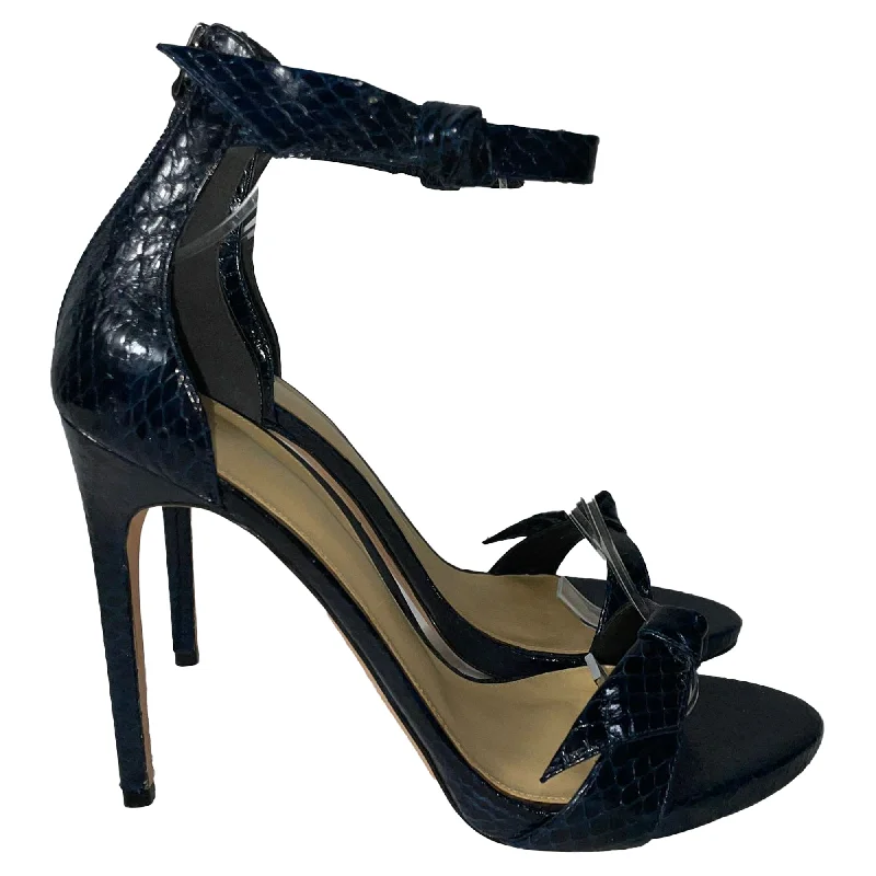 Alexandre Birman Asymmetric Clarita Sandals in Navy Blue Snake Embossed Leather