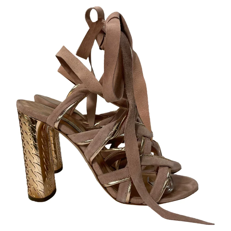 Casadei Wrap Around Textured Heel Sandals in Rose Pink Suede