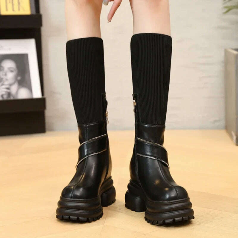 Fujin 8cm New Sock Genuine Leather Stretch Fabric Booties Block Knee High Boots Women Platform Wedge Fashion Autumn Spring Shoes