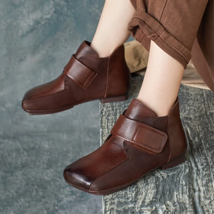 Women Fashion Trendy Retro Leather Square Toe Velcro Ankle Boots