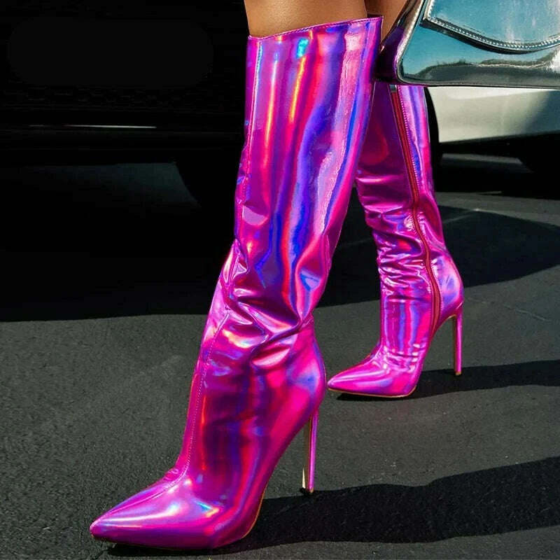 Liyke Sexy Party Nightclub Stripper Knee High Boots Female Green Smooth Patent Leather Pointed Toe Heels Women Shoes Zip Booties