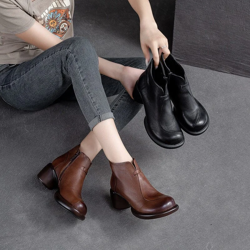 Women Minimalist Retro Leather Chunky Heel Boots