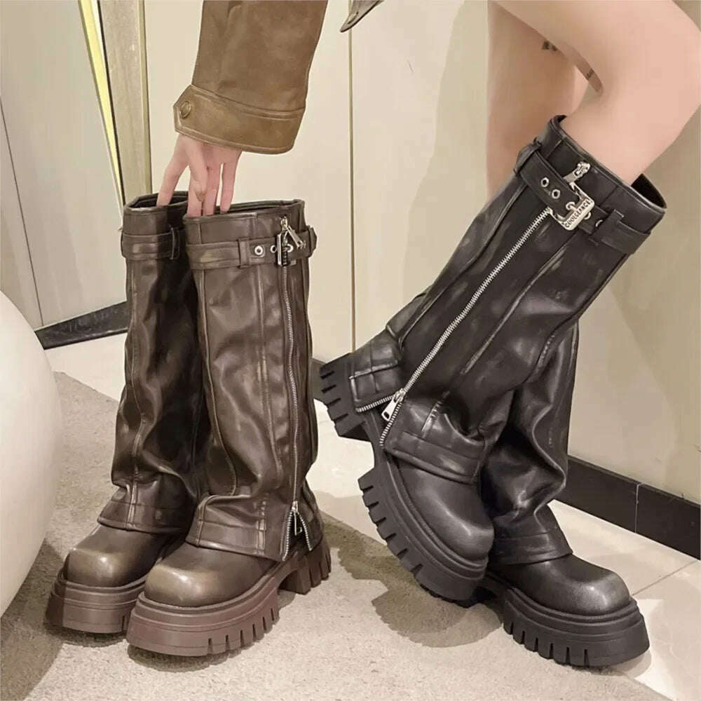 Brand Desinger Knight Women Mid Calf Boots Chunky High Heeled Platform Punk Motorcycle Long Booties Goth Street Shoes For Women