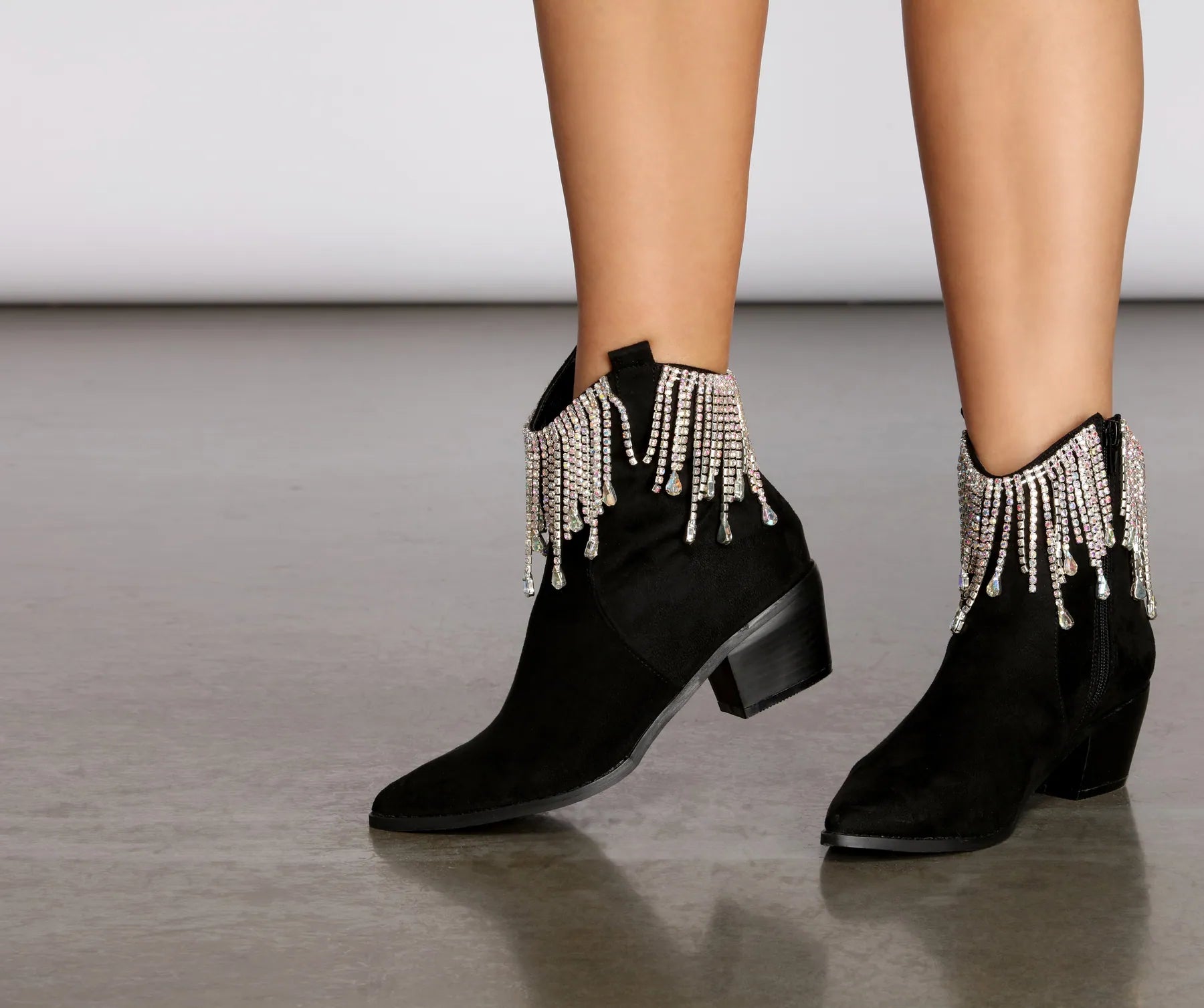 Black Rhinestone Cowgirl Fringe Booties