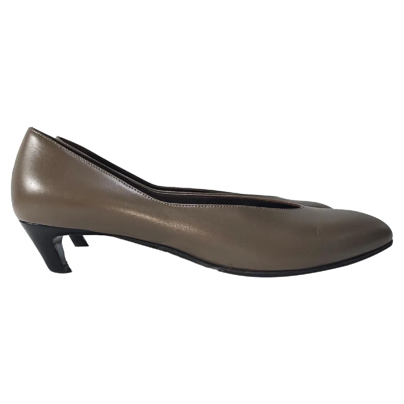 The Row Almond Kitten Heel Pumps in Brown Leather