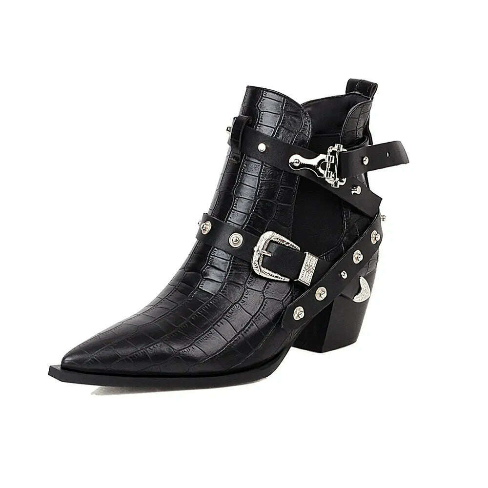 Motorcycle Western Cowboy Boots Women Snake PU Leather Short Cossacks High Heels Pointed Cowgirl Booties Buckle Womens Shoes