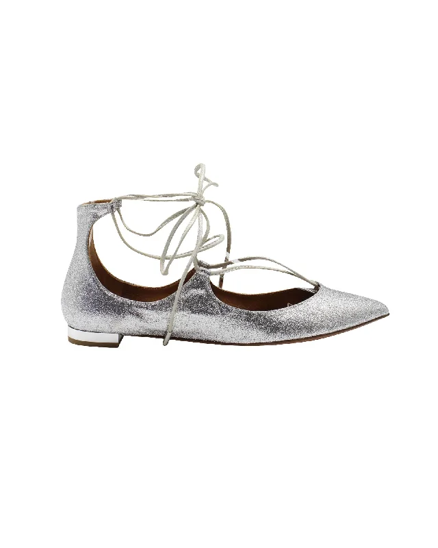 Aquazzura Glittered Christy Lace-up Pointed-Toe Flats in Silver Leather