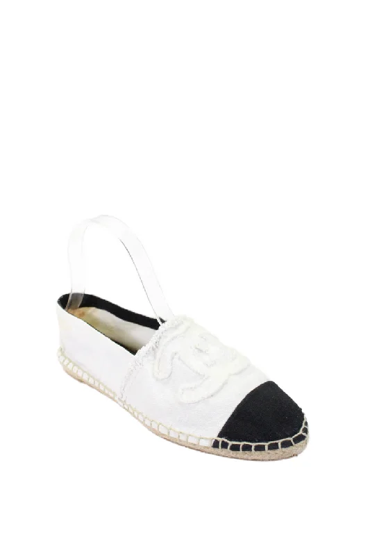 Chanel Womens Slip On Cap Toe Fringe Interlocking CC Espadrilles White