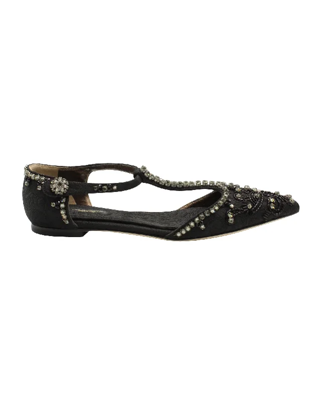 Dolce & Gabbana Crystal Embellished Lace T-strap Sandals in Black  Leather