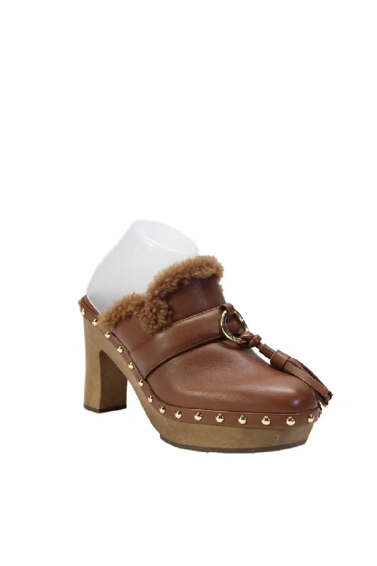 Ulla Johnson Womens Block Heel Shearling Lined Studded Mules Brown