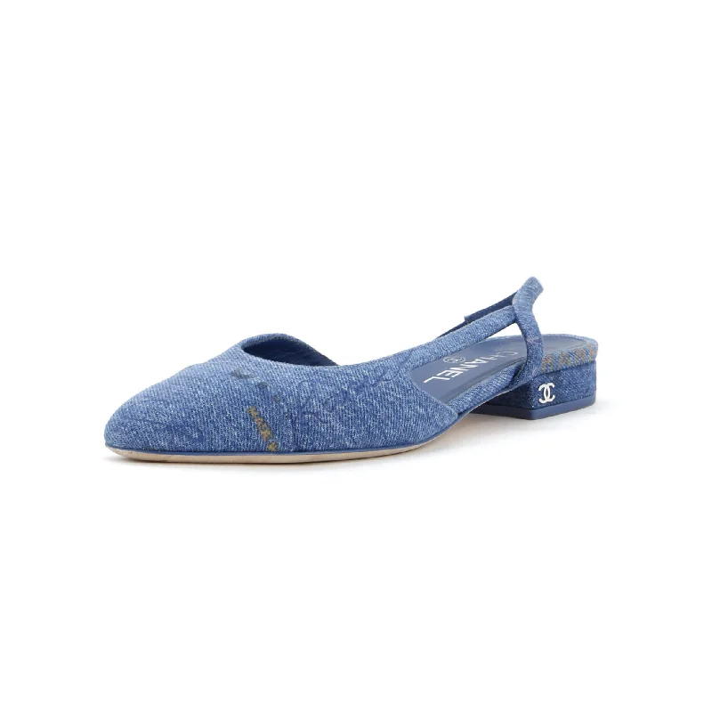 Women's Denim Mood Cap Toe Slingback Flats Logo Printed Denim